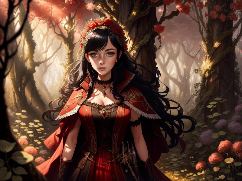 06696-1430421354-Style-SylvaMagic, an award-winning masterpiece character concept art of solo, Red Riding Hood lost in the woods at dusk, anxiety.png